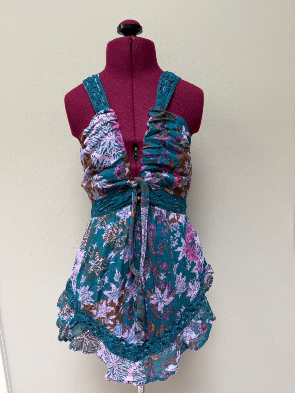 Free People Teal Floral Romper With Lace Detail - Size XS